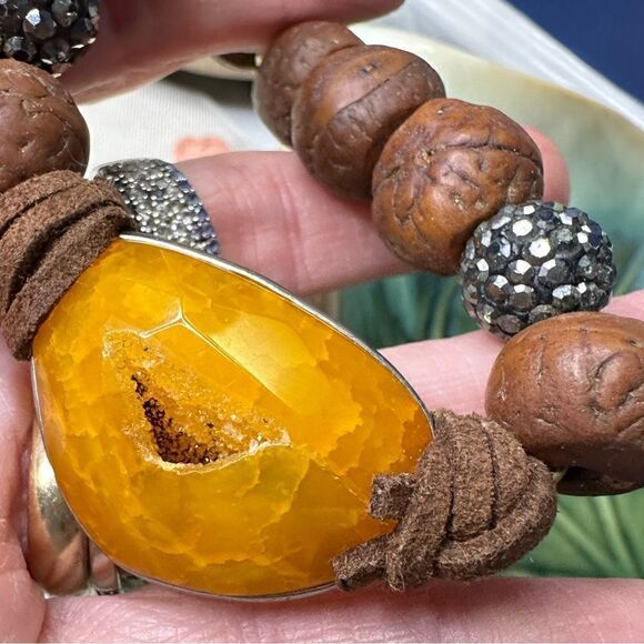 Tibetan Natural Jade Beaded Bangle Tibetan Style Dzi Beads Bracelet - Picture 3 of 5